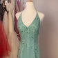 NiceVestidos--Light Moss Green Embroidered Organza Halter - Neck Sleeveless Floor - Length Banquet Dress NV5825