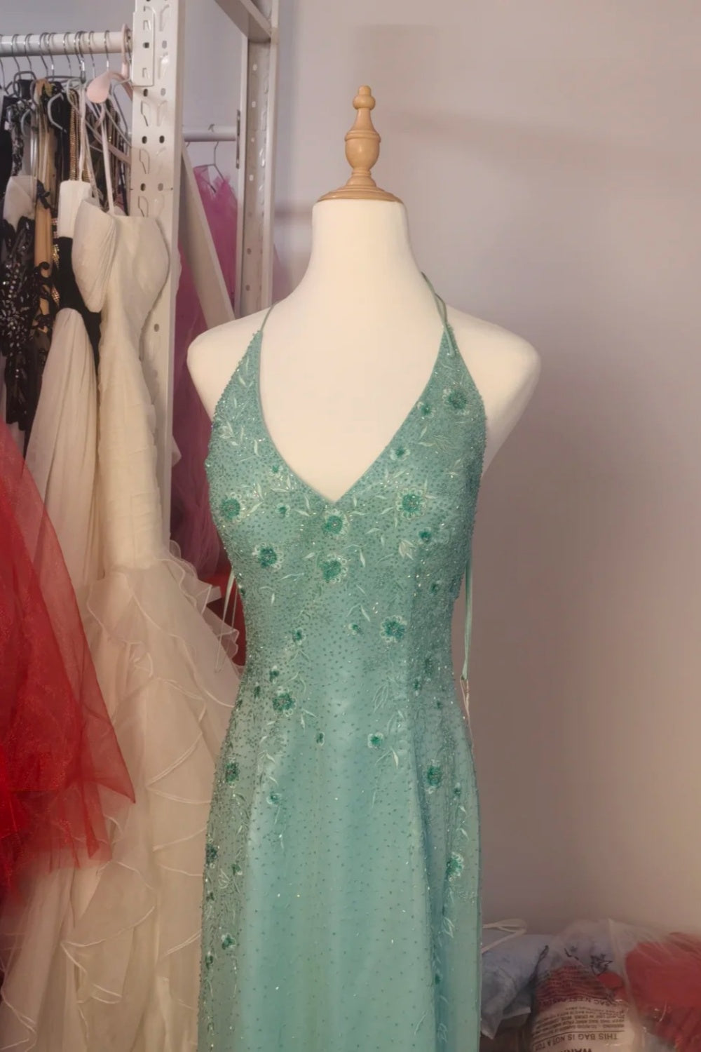 NiceVestidos--Light Moss Green Embroidered Organza Halter - Neck Sleeveless Floor - Length Banquet Dress NV5825