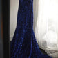 Royal blue vintage elegant pleated long sequin velvet beaded mermaid fishtail slim floor-length tail ball gown evening dress party dress wedding dress nv4123