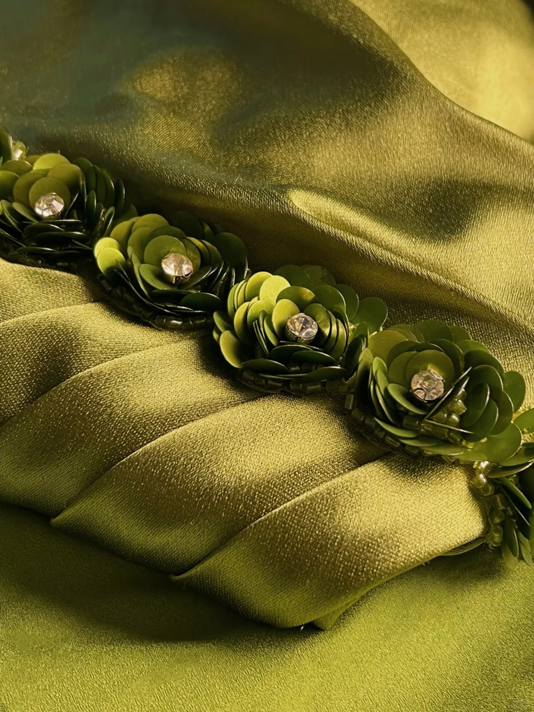 Olive Green Beaded Satin Long Ball Gown Evening Dress nv4274