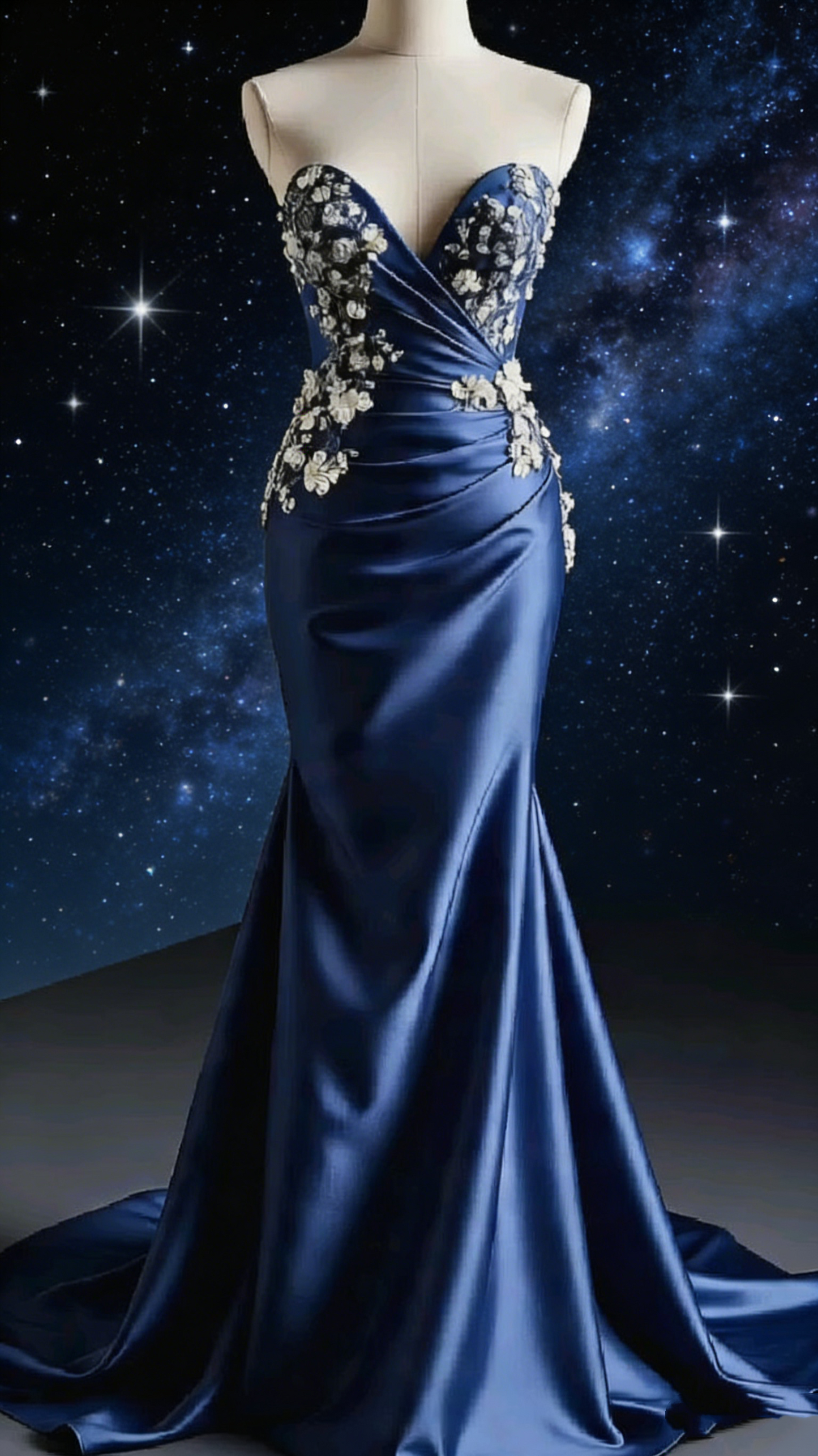 Robe longue bleu marine sans bretelles ornée de perles - Corset à nœud floral et traîne sirène - Idéale pour une soirée, un tapis rouge ou un rendez-vous galant - NV6821
