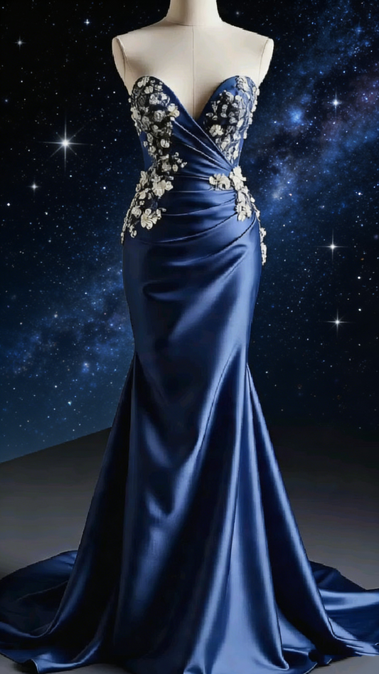 Robe longue bleu marine sans bretelles ornée de perles - Corset à nœud floral et traîne sirène - Idéale pour une soirée, un tapis rouge ou un rendez-vous galant - NV6821