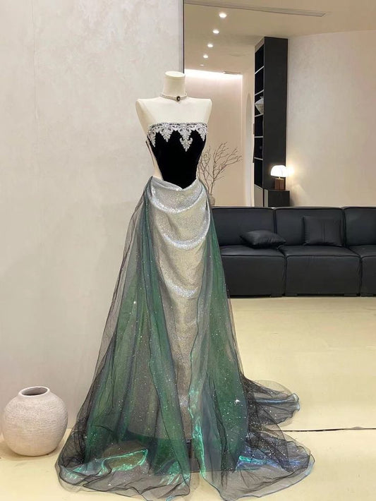 Robe bustier en velours noir NiceVestidos avec traîne en tulle dégradé argent-vert NV6224