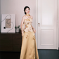 Gold Chinese Style Floral Satin Evening Gown, Strapless Corset Reception Dress  NV7292
