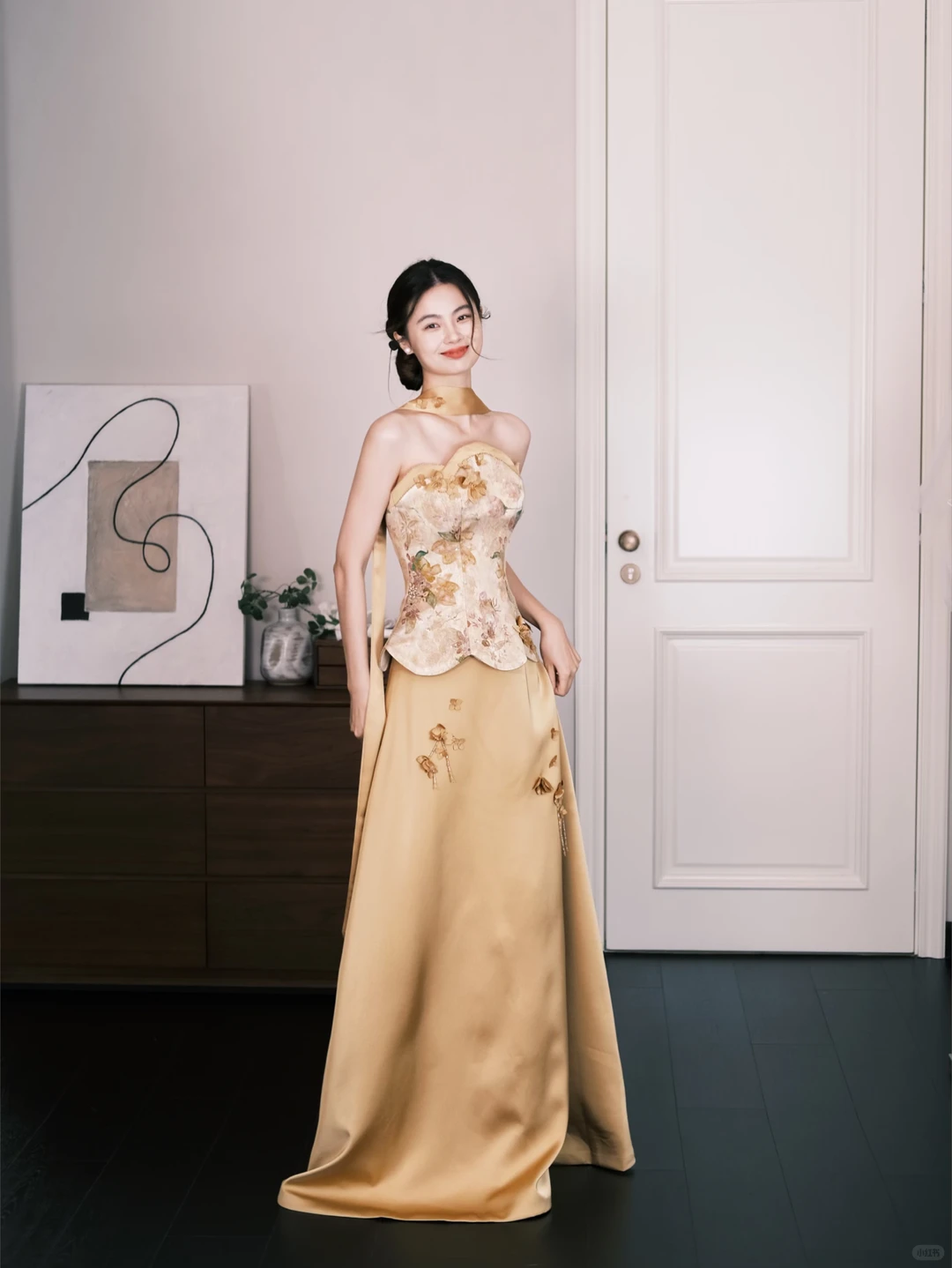 Gold Chinese Style Floral Satin Evening Gown, Strapless Corset Reception Dress  NV7292
