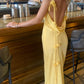 Yellow tassel satin elegant long spaghetti strap prom dress wedding guest dress nv5201