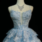 Ice Blue Spaghetti Straps Corset Short Prom Dress 3D Floral Sequin Lace Tiered Ruffle Tulle Mini Formal Gown  NV6890