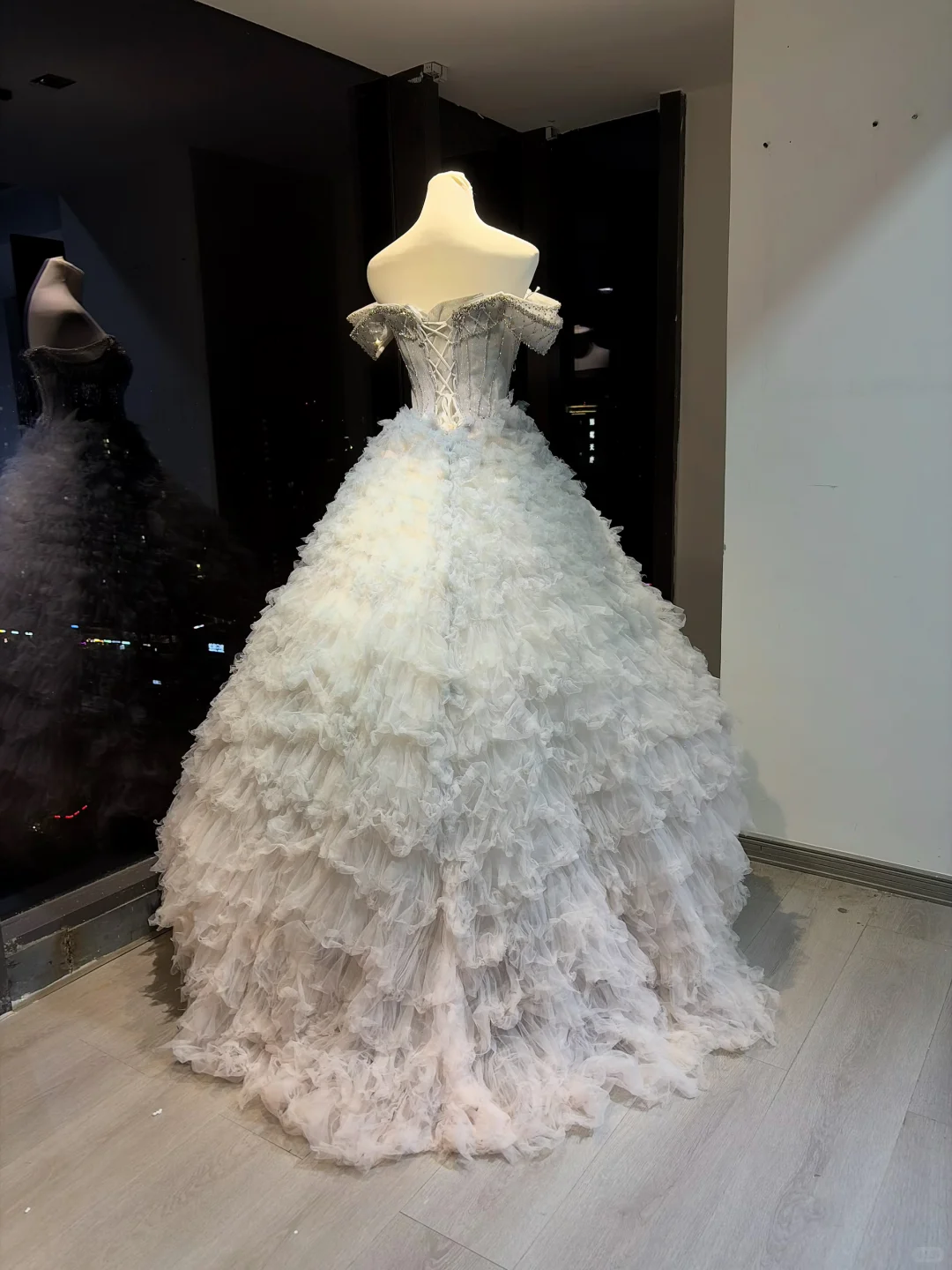 Light Ice Blue Off Shoulder Ball Gown Flutter Sleeve Beaded Corset Tiered Ruffle Tulle Fairy Prom Dress  NV6943