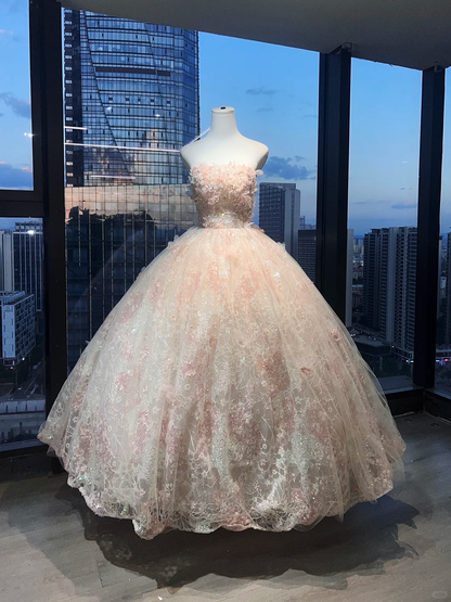 Strapless Champagne Pink Prom Dress 3D Flowers Hand Beading Lace Sequin Tulle Ball Gown  NV7048