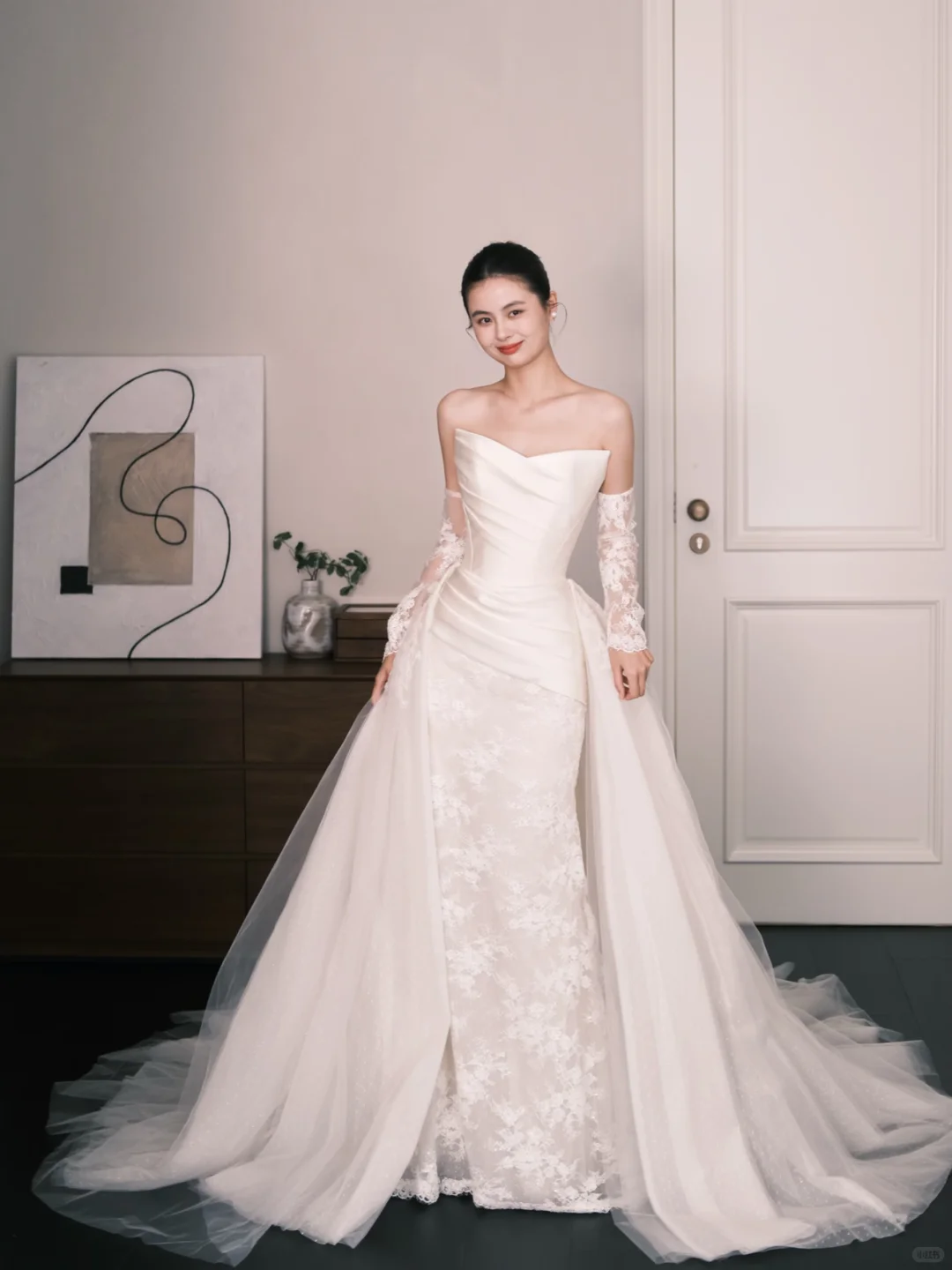 Strapless Satin Lace Mermaid Wedding Dress with Detachable Tulle Overlay  NV7351