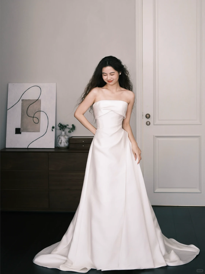 Strapless Twist Satin A-Line Wedding Dress with Side Slit & Pockets  NV7384