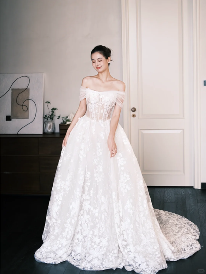 Off Shoulder Ivory Lace Wedding Gown, 3D Floral Appliques Sheer Corset Ballgown Bridal Dress  NV7392