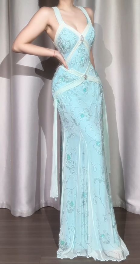NiceVestidos - Robe de bal vintage, robe de soirée bleue élégante et raffinée, ornée de perles. NV5983