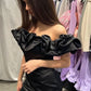 Black tight off the shoulder ruffle short mini satin homecoming dress prom dress birthday party dress nv1730