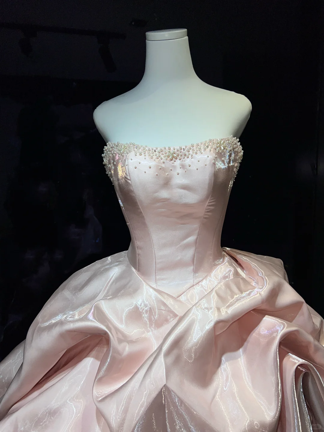Strapless Light Pink Prom Dress Pearl Beaded Shiny Satin Draped Ball Gown  NV7057