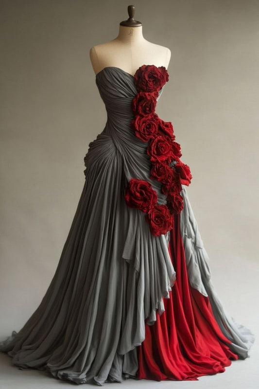 NiceVestidos - Robes de mariée - Robe de mariée longue sans manches, à panneaux floraux 3D, grise et rouge NV6193