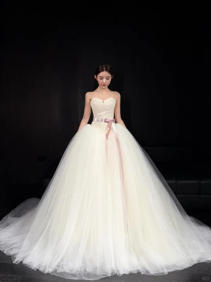 Ivory Strapless Lace Tulle A-Line Wedding Gown with Pink Satin Bow  NV7185