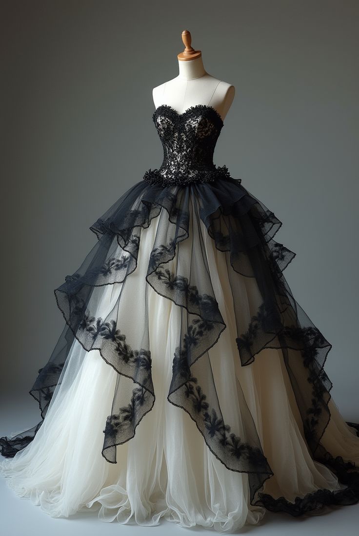 Robe gothique longue sans manches en tulle et dentelle à panneaux noirs et blancs NiceVestidos NV6202
