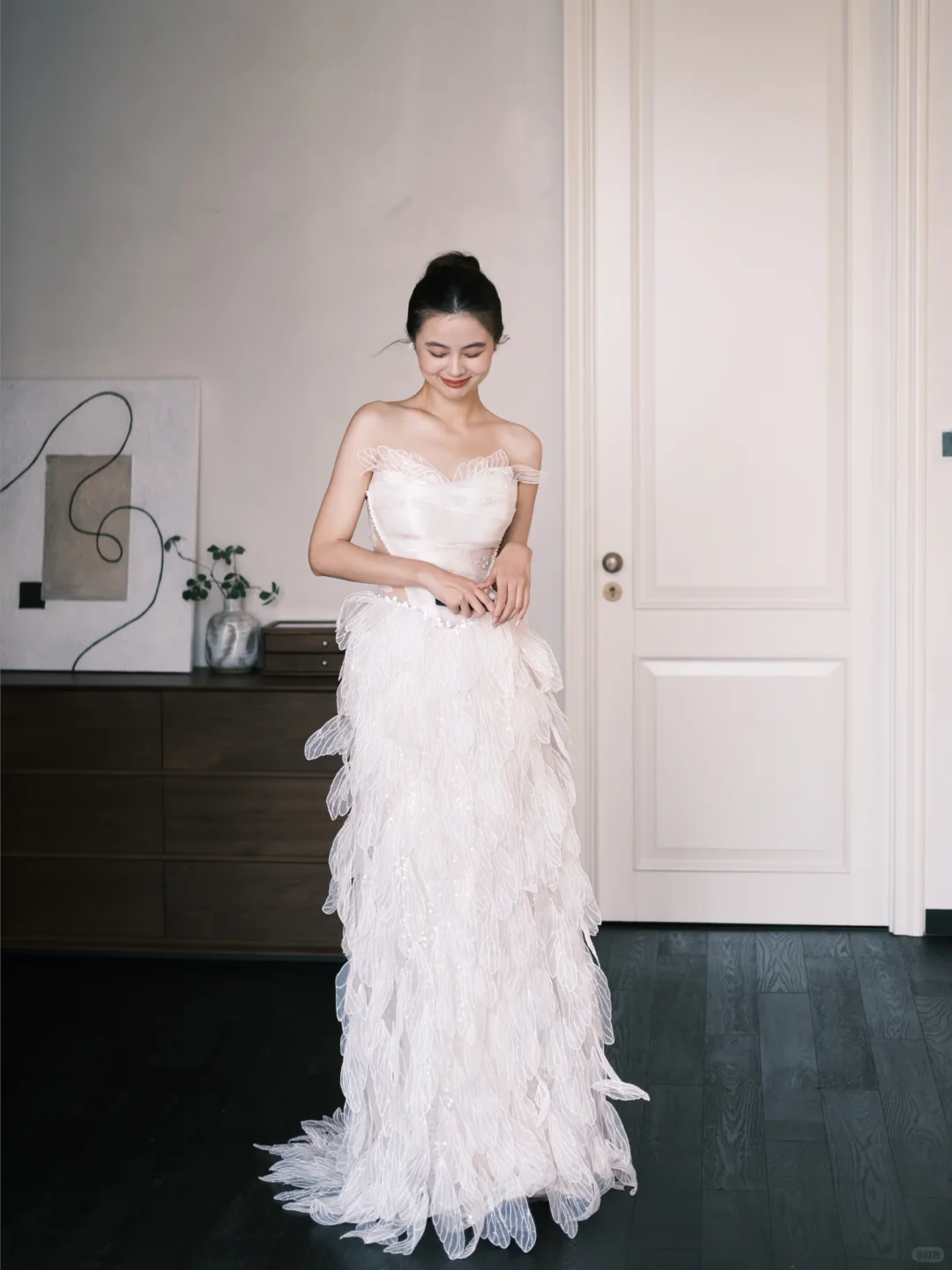 Off Shoulder Sheer Leaf Petal Tulle Bridal Gown, Boned Corset Wedding Dress  NV7362