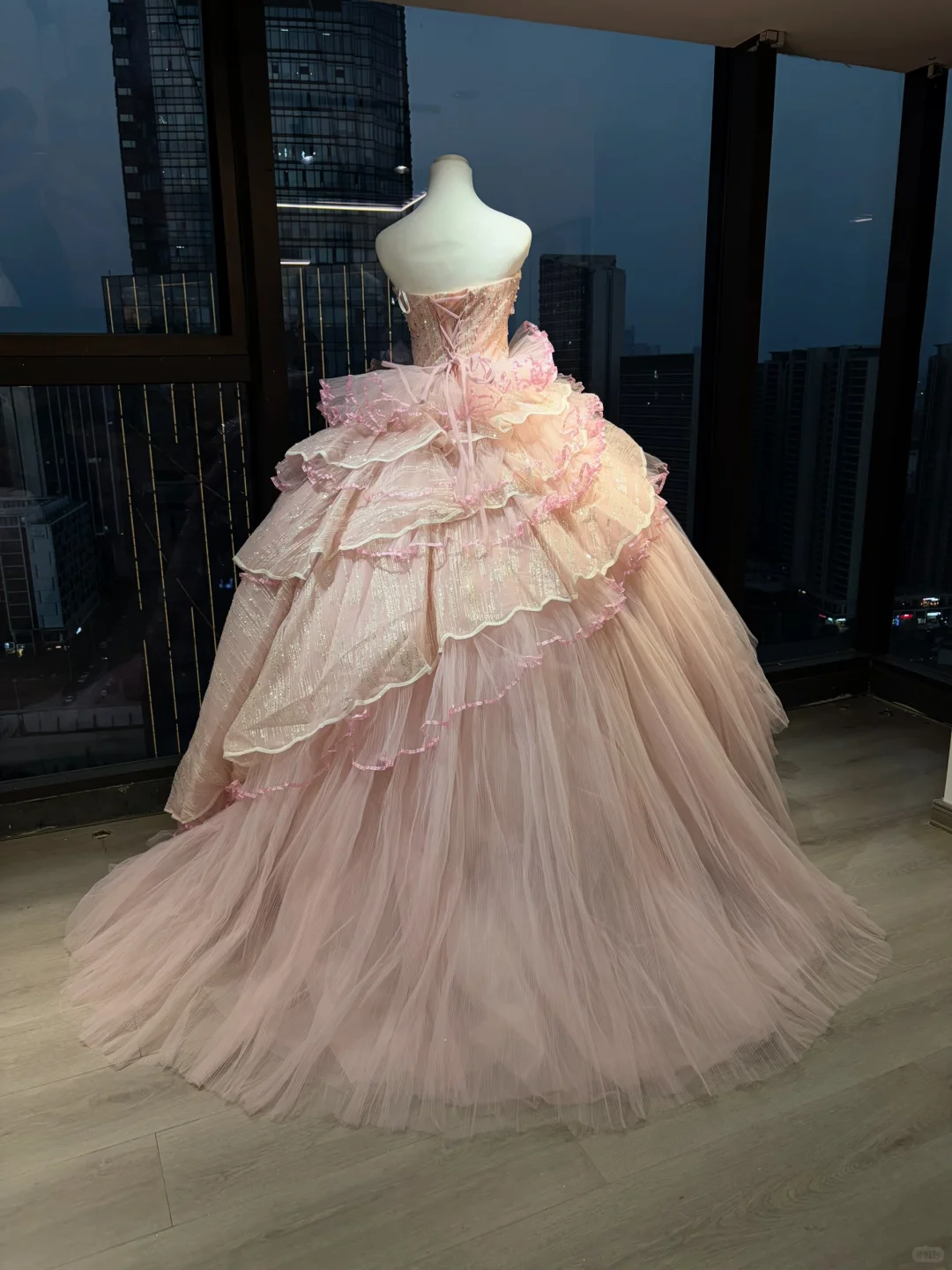 Strapless Blush Pink Prom Dress Glitter Beading Tiered Ruffle Tulle Cake Ball Gown  NV7047