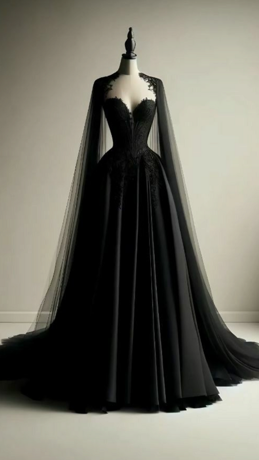 Robe longue sans manches en tulle noir et dentelle avec traîne | Robe longue bustier glamour de luxe avec cape et cœur pour bal de gala NV6297