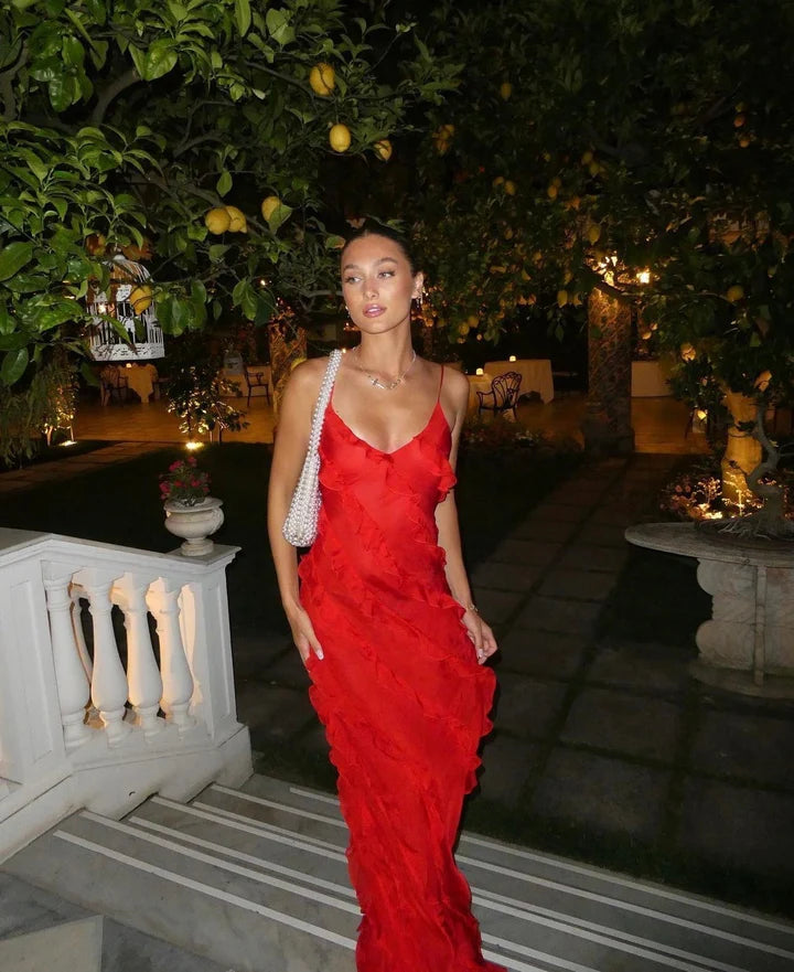 Red fashion spaghetti straps long Chiffon ruffled bodycon ball gown evening dress party dress nv3544