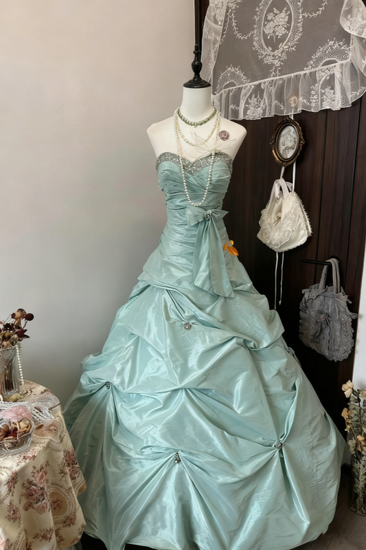 NiceVestidos-_Vintage Mint Green Satin Rhinestone-Embellished Strapless Ball Gown Evening Dress NV5915