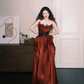 Burgundy Strapless Lace Waist Satin Evening Ball Gown  NV7324