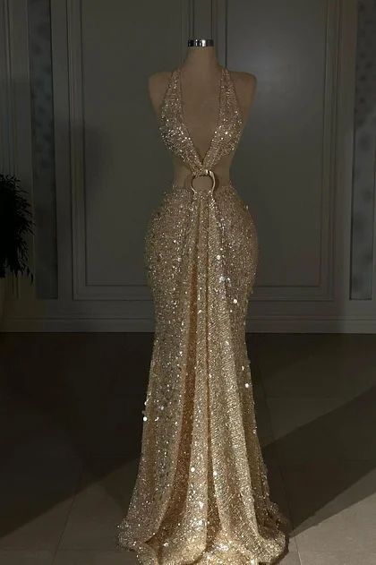 Robe longue à sequins dorés, scintillants et glamour NV6686
