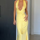 Yellow Satin Lace-up Halter V-neck Bodycon Evening Gown Prom Dress Party Dress nv1934