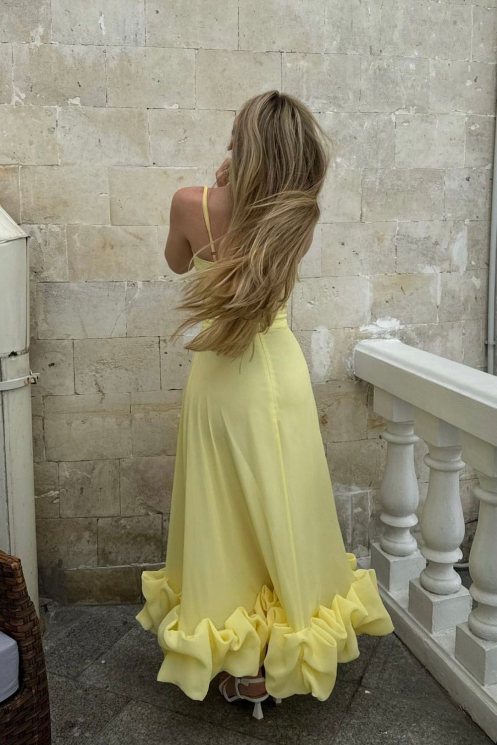 NiceVestidos--Light Yellow Spaghetti Strap Ruffled Hem French Elegant Midi Party dresses Evening Dress  NV5902