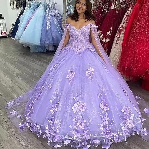 Light Purple Quinceanera Dresses With Cape 3D Floral Applique nv1007