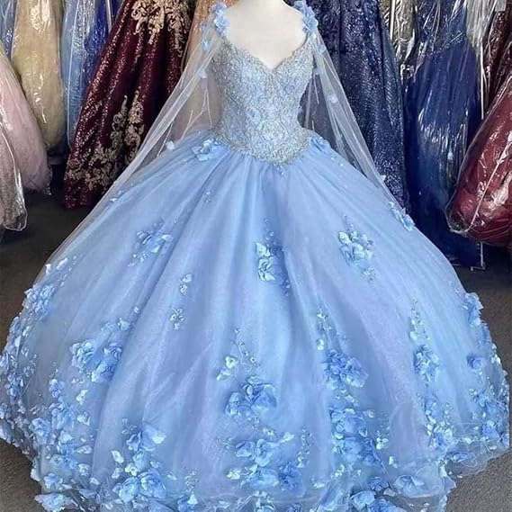 Light Purple Quinceanera Dresses With Cape 3D Floral Applique nv1007