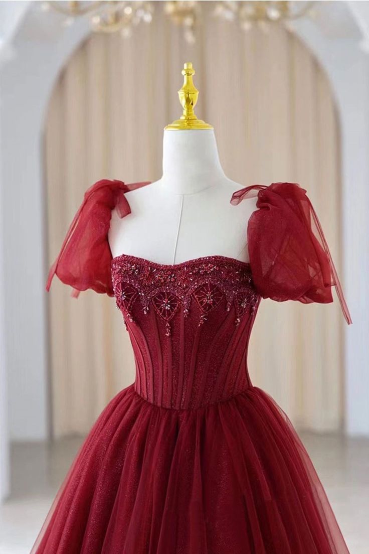 Red elegant beaded short sleeve long tulle ball gown evening dress nv3003