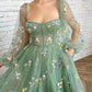 Green elegant applique floral midi tulle ball gown evening dress nv76