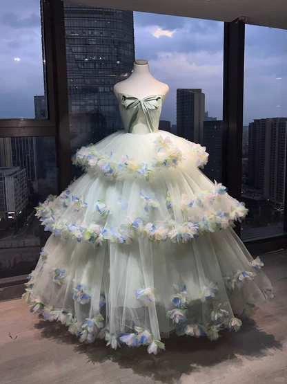 Strapless Light Sage Green Princess Ball Gown Big Bow Tiered Tulle 3D Petals Formal Prom Dress  NV6980