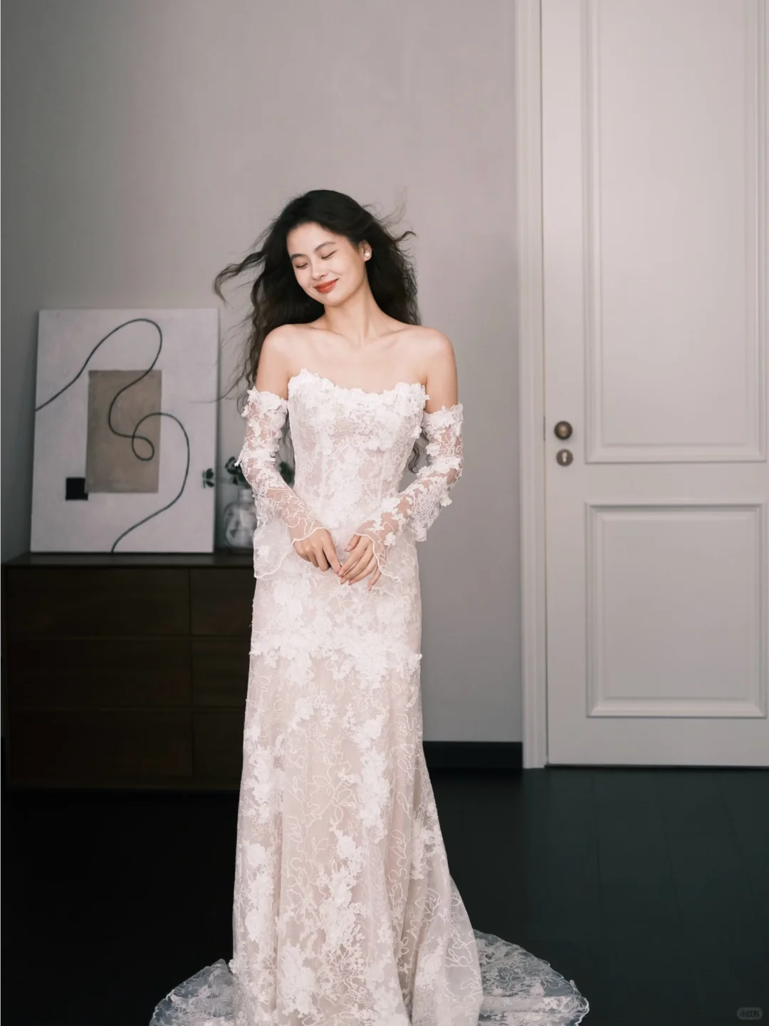 Strapless Mermaid Lace Wedding Dress with Detachable Sheer Long Sleeves  NV7383