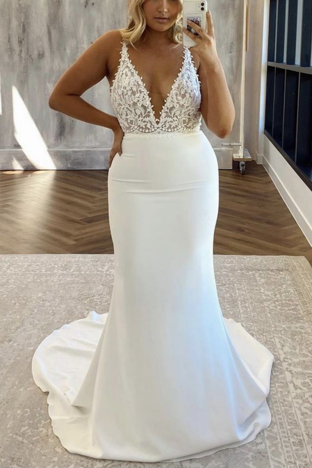 Robe de mariée élégante et sexy à fines bretelles en dentelle | Robe longue sirène en satin blanc avec traîne pour mariage, fiançailles, dîner de gala NV6265