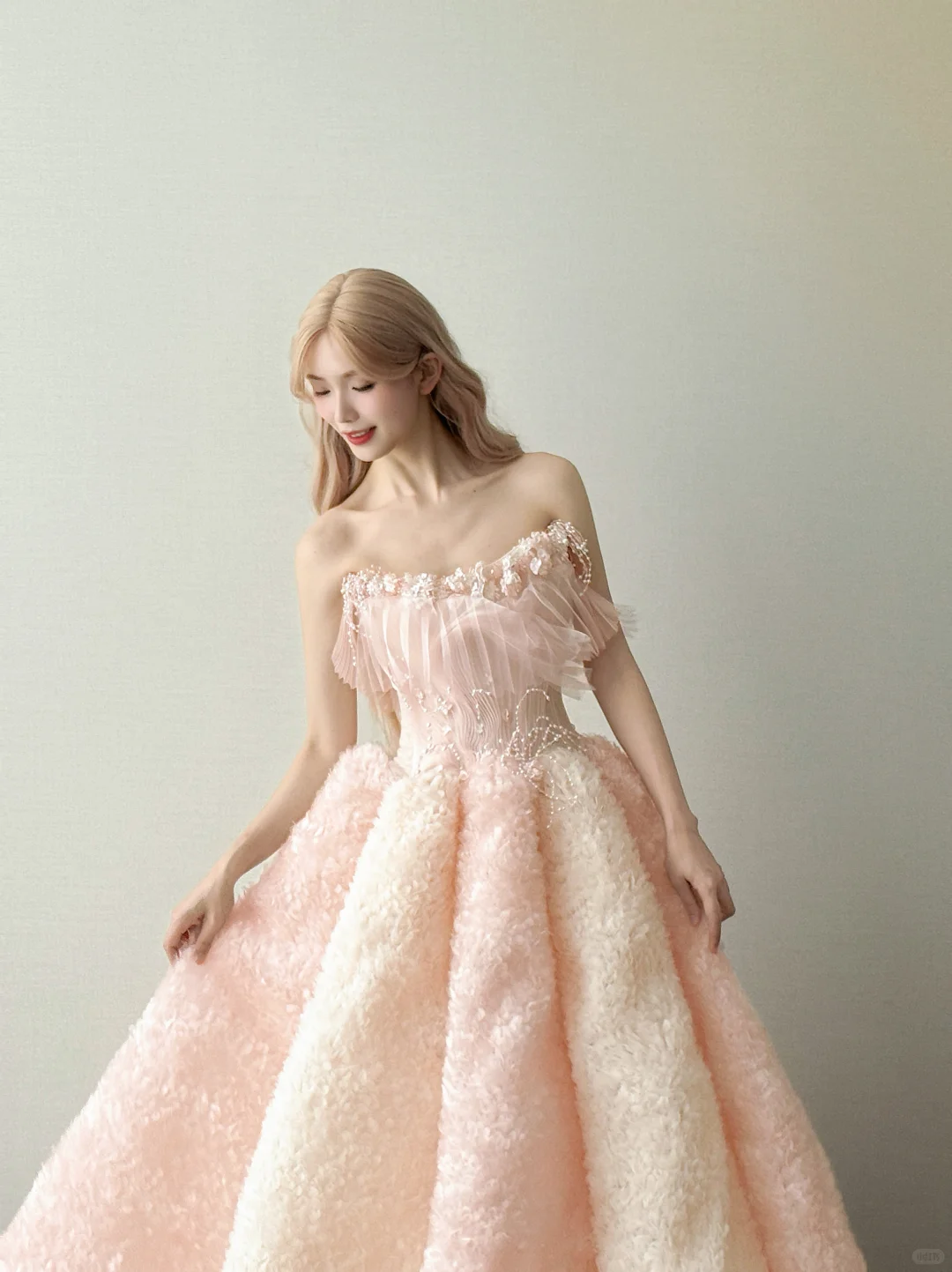 Light Pink Ombre Strapless Prom Gown Beaded Tulle Fluffy 3D Texture A Line Evening Dress  NV7157