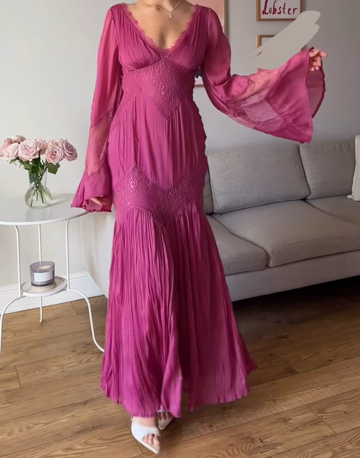 Pink Purple Lazy Retro Elegant Fashion V-neck Exquisite Lace Ruffle Long Sleeve Long Chiffon Floor-length Ball Gown Evening Gown Holiday Party Gown Bridesmaid Dress nv3823