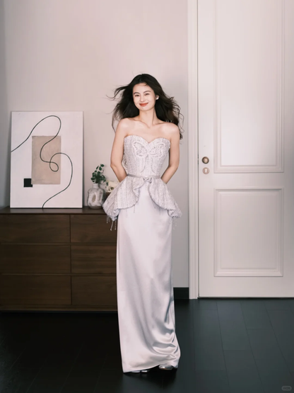 Strapless Silver Butterfly Beaded Evening Gown, Tweed & Satin Formal Prom Dress  NV7297