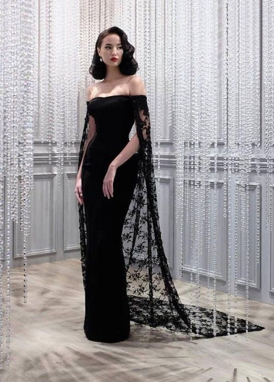 Black noble and elegant mermaid slim lace cape elegant long floor-length trailing ball gown evening dress party dress nv1914