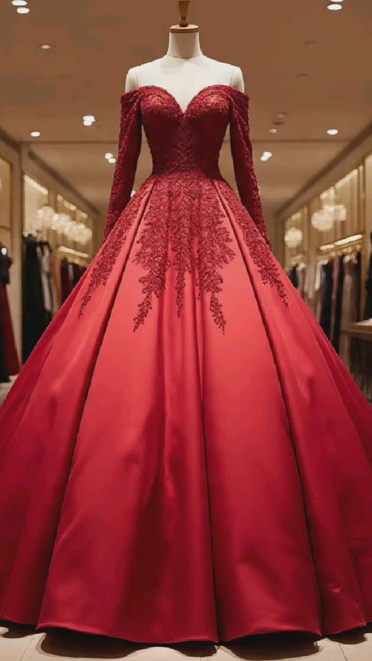 Robe de bal longue à manches longues et épaules dénudées, ornée de panneaux en satin et dentelle rouge NiceVestidos NV6166