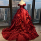 Strapless Burgundy Ball Gown Hand Beaded 3D Rose Ruffle Satin Tulle Prom Dress  NV7040