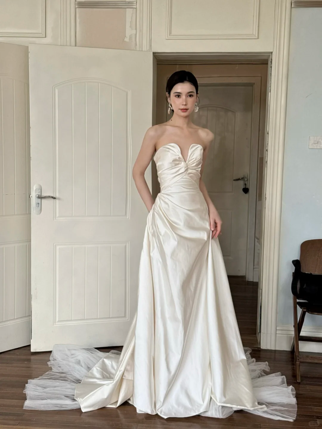 Ivory Strapless Twisted Knot Satin A-Line Wedding Gown  NV7189