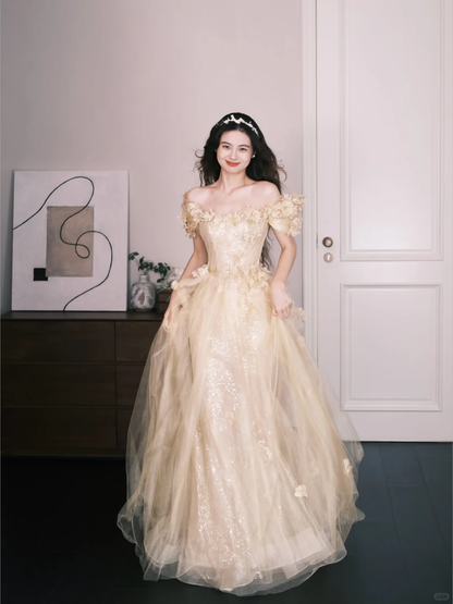 Off-the-Shoulder Champagne Sequin Tulle Prom Dress, 3D Flower Princess Ball Gown  NV7309