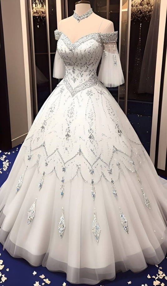 White beaded wedding dress, sparkling, gorgeous wedding gown, beaded short-sleeved, floor-length ball gown nv5058
