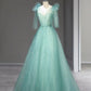Light green shiny elegant sweet short-sleeved long sequined tulle ball gown evening gown graduation gown adult ceremony gown nv3781