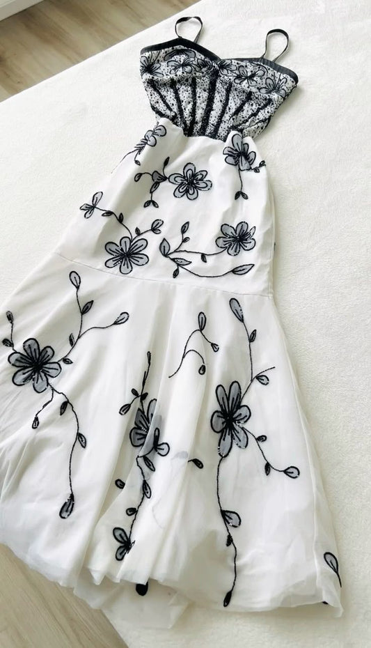 White vintage floral chiffon long homecoming dress prom dress ball gown nv4471