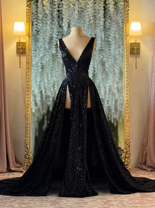 Robe de bal longue à sequins noirs, glamour et scintillants de NiceVestidos NV6115